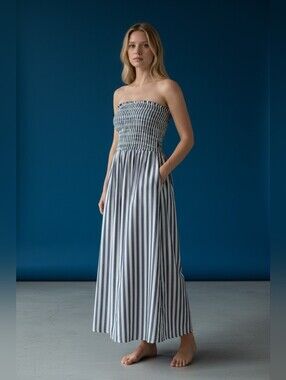 Universal Threads Cotton Strapless Blue and White Striped A Line Midi Dress